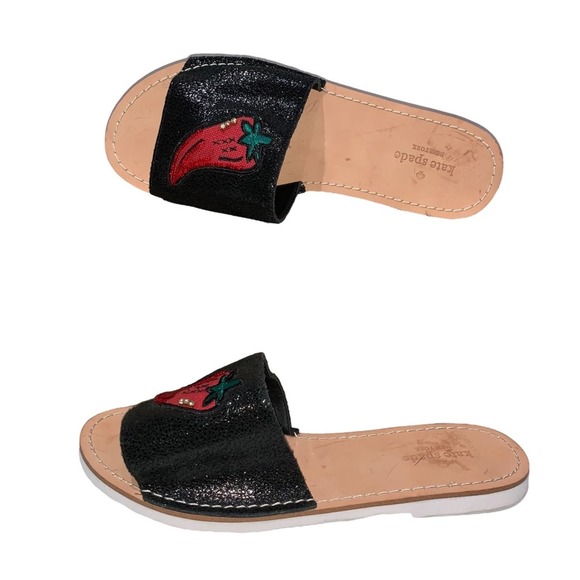 Kate Spade - Ixtapa Chili Pepper Slides, black w/embroidered chili peppers, 7.5 - Picture 9 of 10